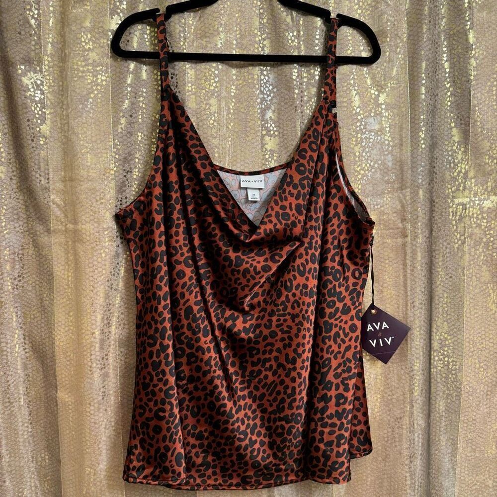 Ava‎ & Viv Cheetah Copper Brown Black Silky Satin Cowl Neck Top 3X NWT